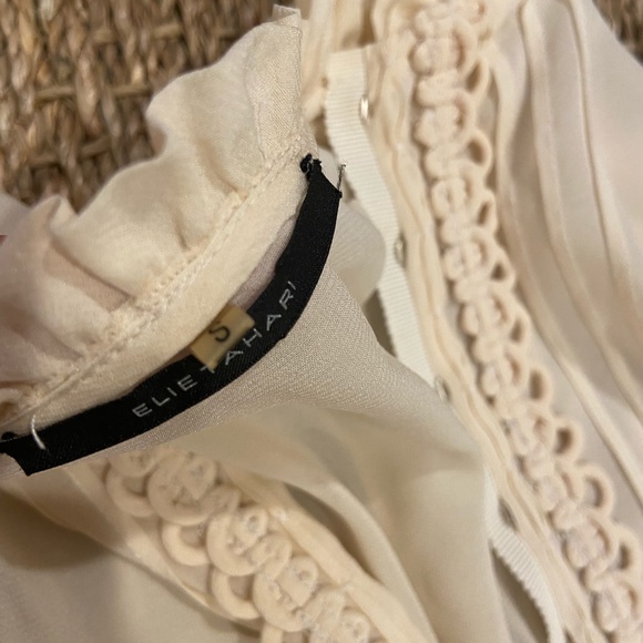 Elie Tahari Sheer Cream Button up Long Sleeve Ruffle Top - Picture 2 of 5